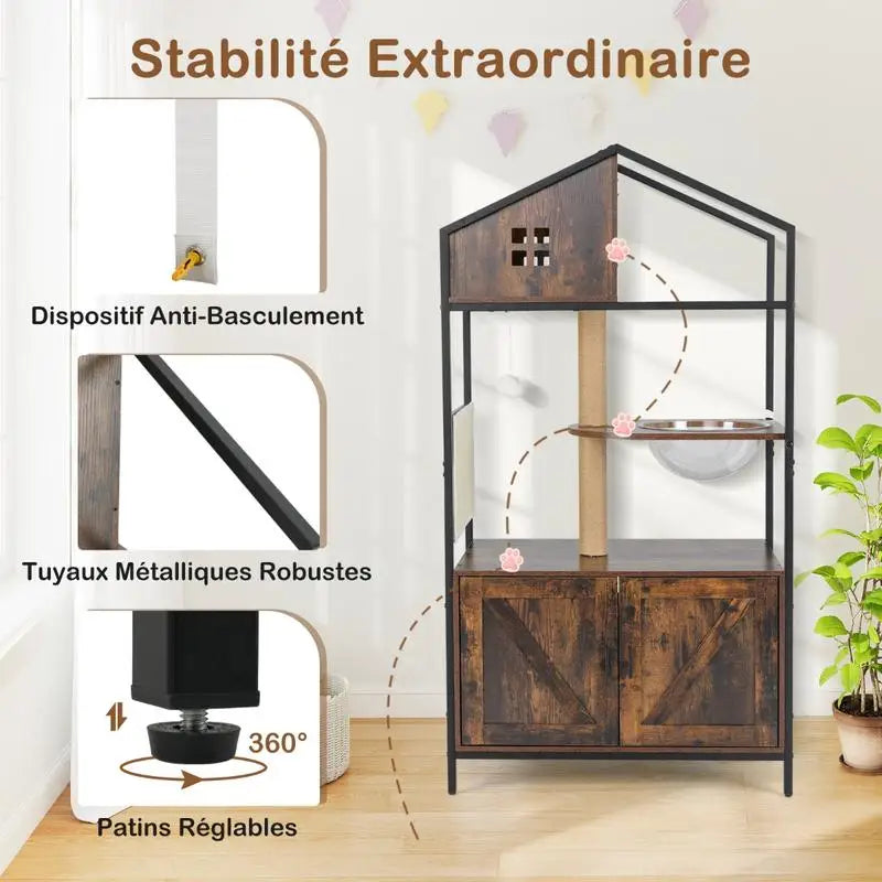 Árbol Rascador con Mueble Arenero Oculto para Gatos - Torre de Actividades Multinivel Estilo Industrial con Casa y Nido en Marrón Rústico