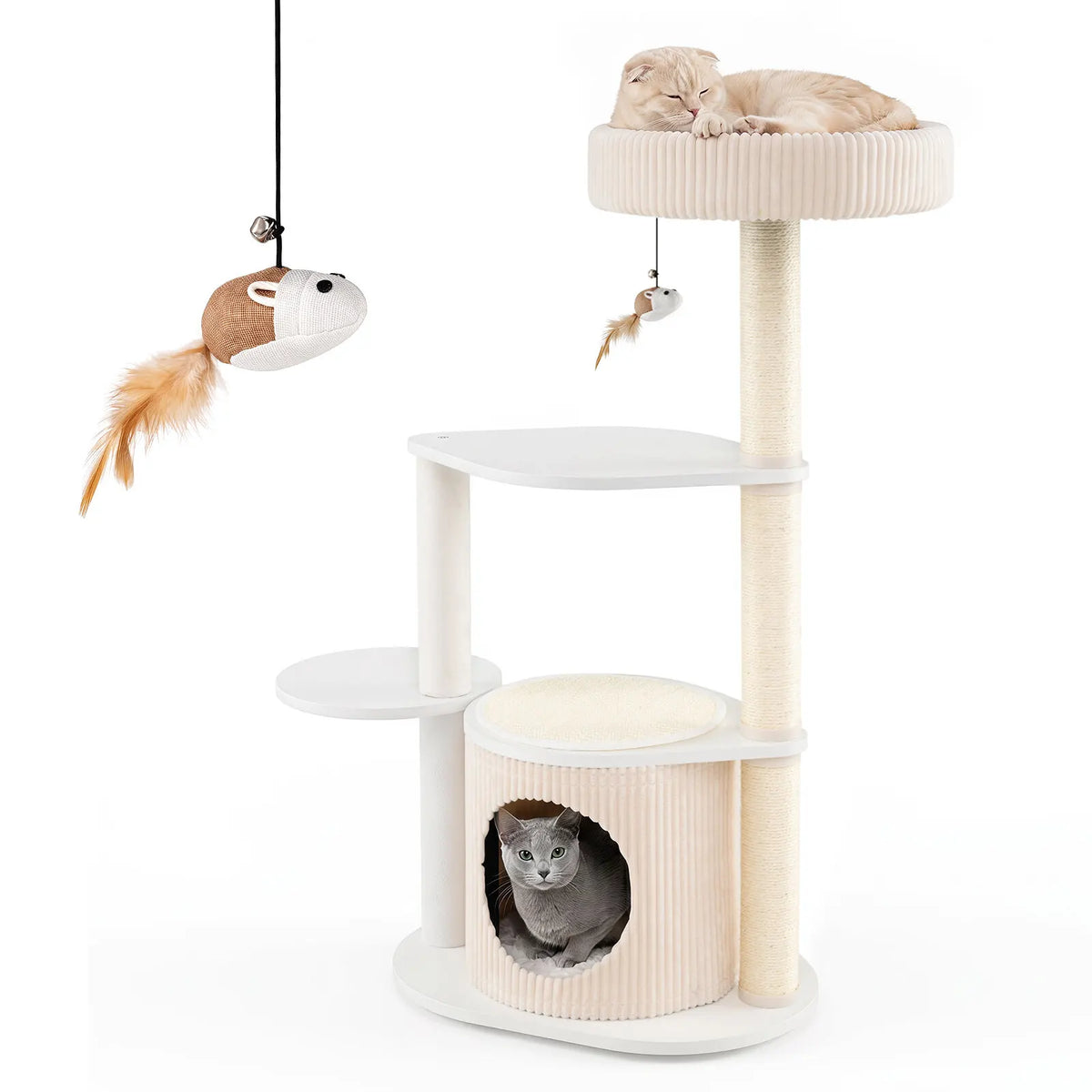Árbol Rascador Multinivel de 105 cm para Gatos - Torre de Cuatro Niveles con Casita de Peluche, Cama Superior y Postes de Sisal en Color Blanco
