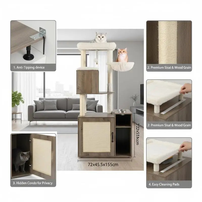 Mueble Arenero Cerrado para Gatos con Torre de Escalada, Rascador de Sisal, Estera y Pelota Colgante - Centro de Actividades y Baño Discreto (Color Gris)