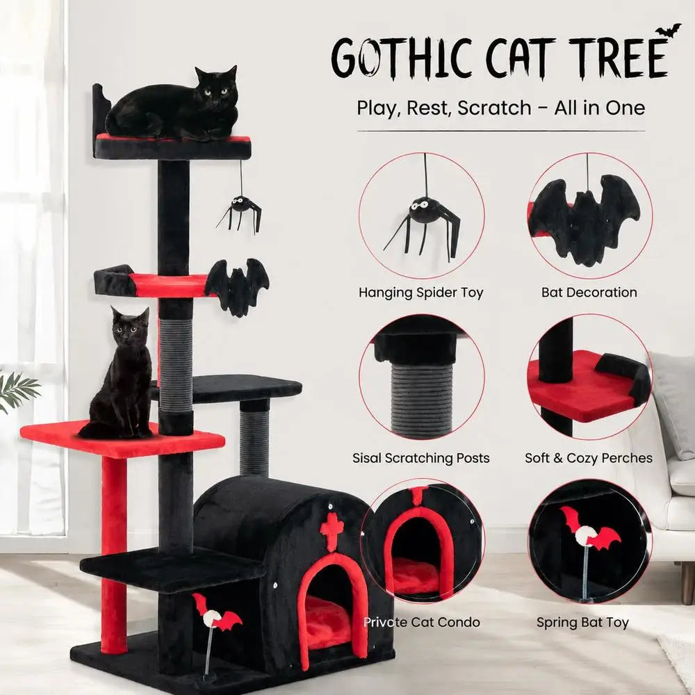 Árbol Rascador Gótico para Gatos de 135x60x45 cm - Torre de Actividades con Tejido de Felpa, Mirador, Cueva Escondite y Poste Rascador