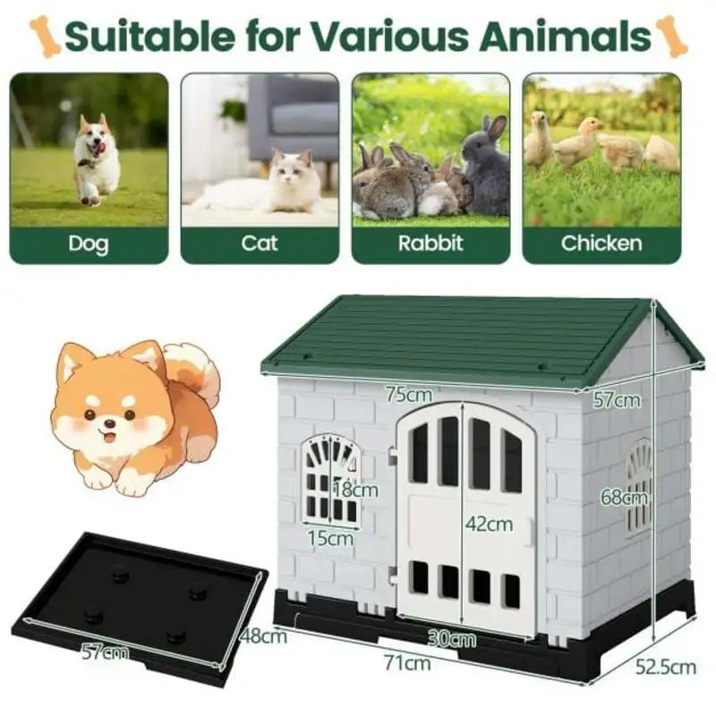 Caseta de Exterior para Perros en Color Verde con Puerta, 3 Ventanas y Suelo Desmontable - Refugio Impermeable y Robusto para Jardín