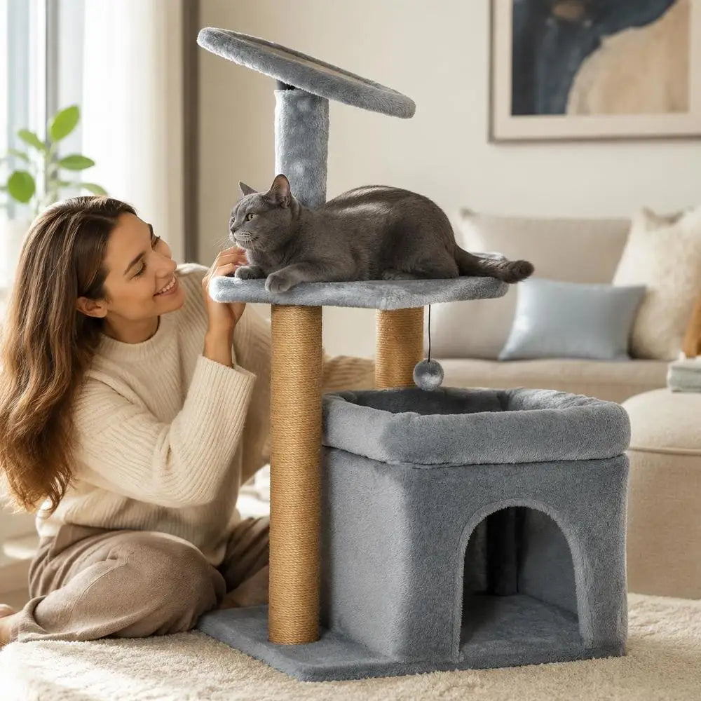 Árbol Rascador Multinivel para Gatos - Torre de Actividades con Postes de Yute, Cueva Oculta, Plataforma Acolchada y Juguetes en Tonos Neutros