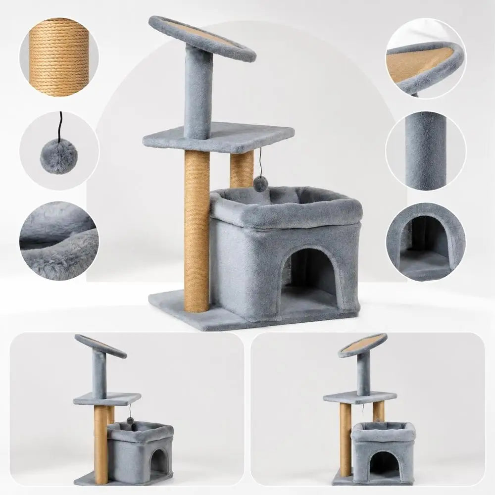 Árbol Rascador Multinivel para Gatos - Torre de Actividades con Postes de Yute, Cueva Oculta, Plataforma Acolchada y Juguetes en Tonos Neutros