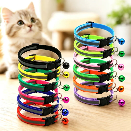 Collar de Seguridad Reflectante Antiahogamiento para Gatos y Cachorros - Collar Ajustable con Hebilla de Zafra, Cascabel Colorido
