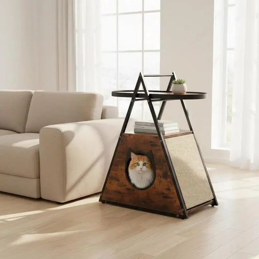 Mueble 2 en 1 para Gatos con Cueva Oculta y Mesita Auxiliar - Estantes Abiertos, Postes de Sisal y Estructura Metálica Robusta (Salón y Dormitorio)