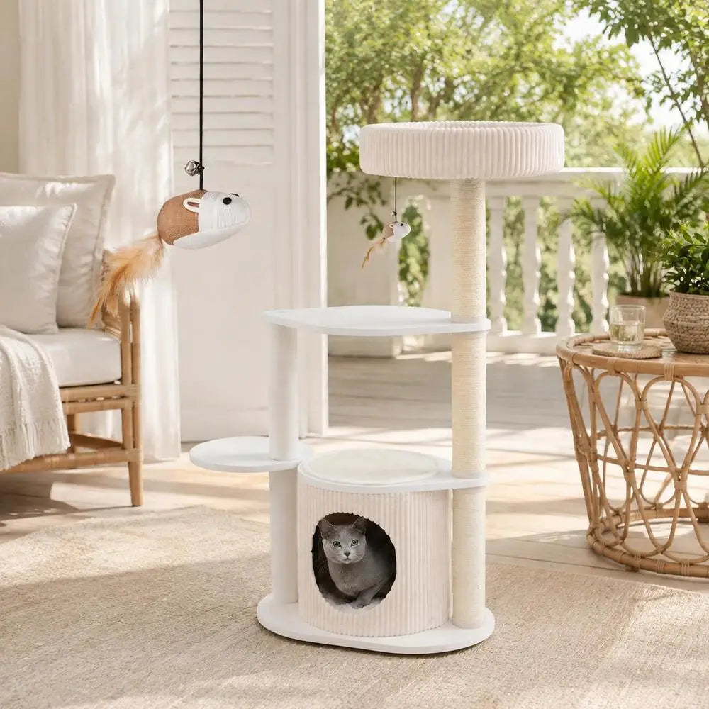 Árbol Rascador Multinivel de 105 cm para Gatos - Torre de Cuatro Niveles con Casita de Peluche, Cama Superior y Postes de Sisal en Color Blanco