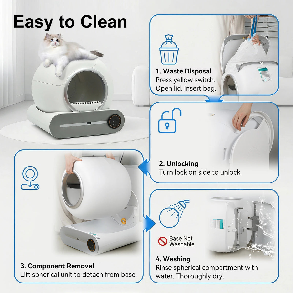 Arenero Automático Inteligente Autolimpiable de 65 Litros - Baño Cerrado para Gatos con Control por App Móvil, Estera y Bolsas Desechables