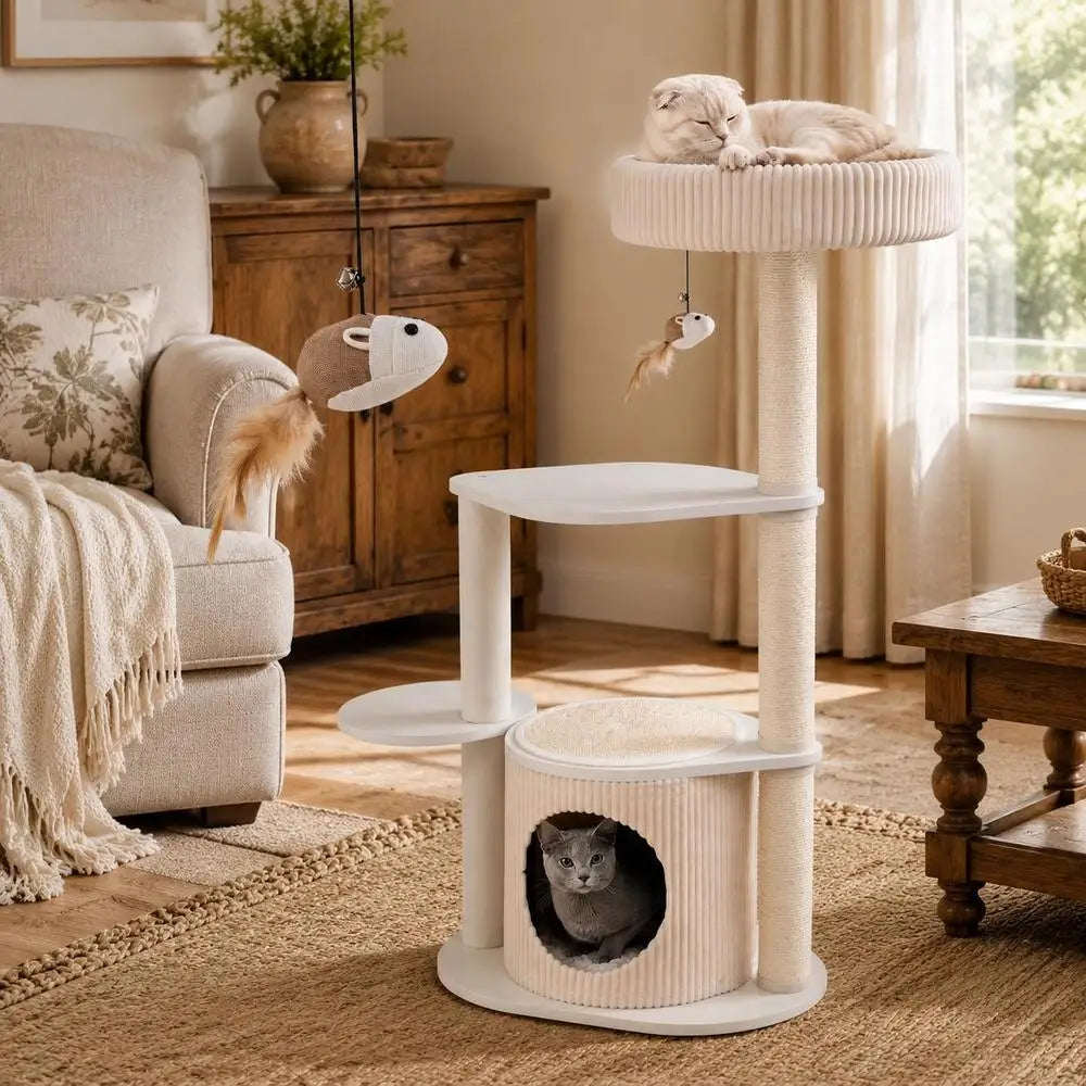 Árbol Rascador Multinivel de 105 cm para Gatos - Torre de Cuatro Niveles con Casita de Peluche, Cama Superior y Postes de Sisal en Color Blanco