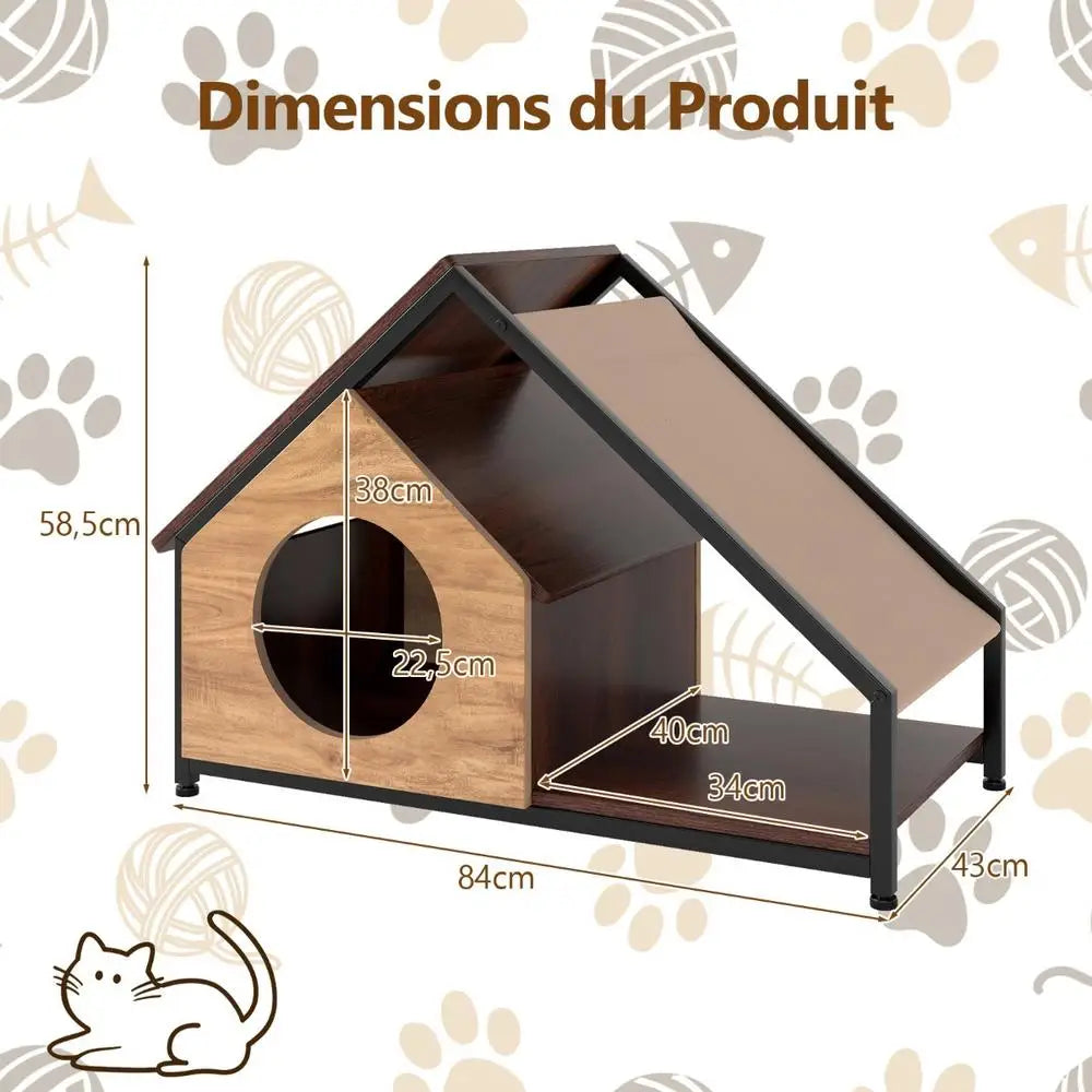 Caseta de Interior para Gatos 84x43x58.5 cm con Porche y Percha - Estructura de Metal, Techo de PVC Desmontable y Acabado en Madera para Salón