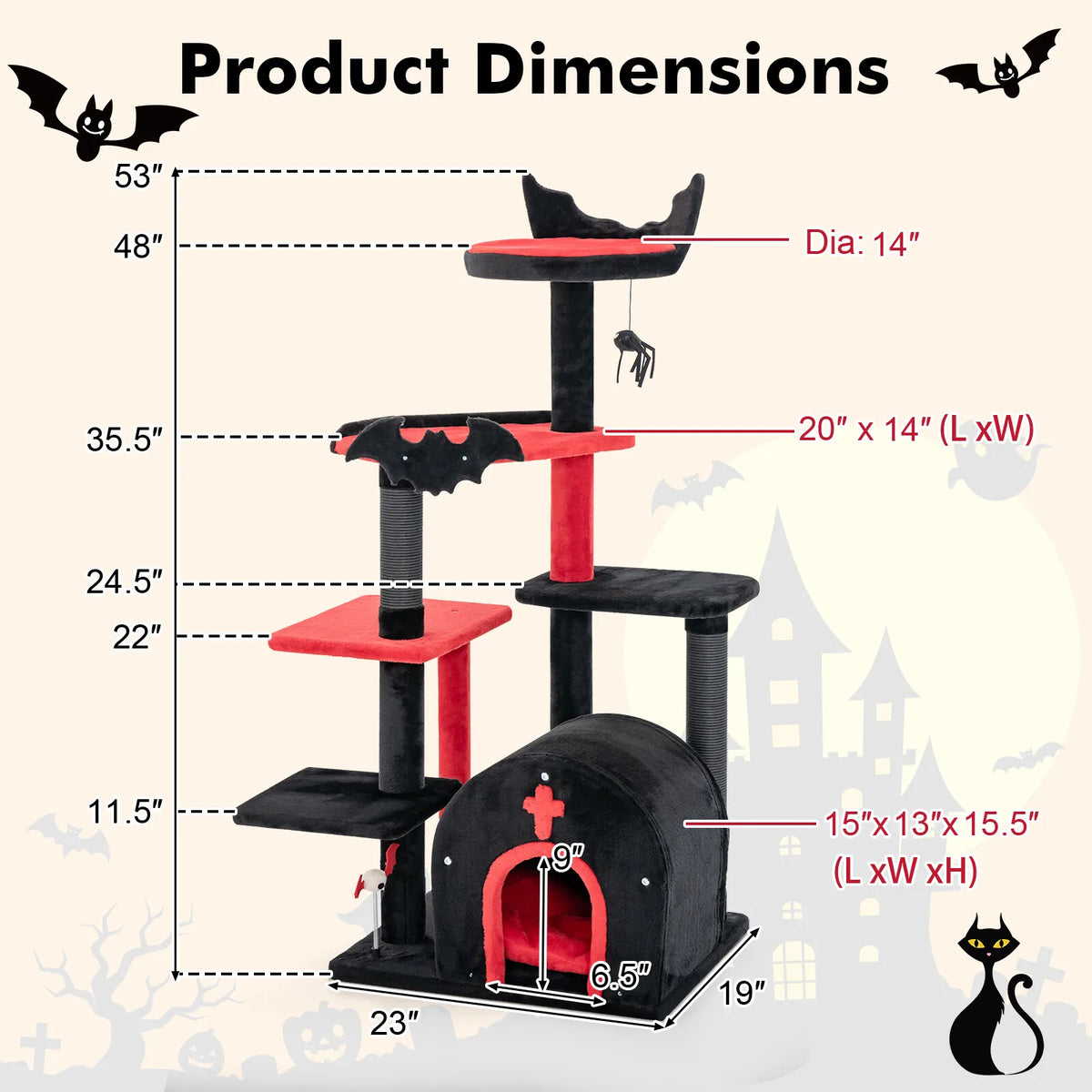 Árbol Rascador Gótico para Gatos de 135x60x45 cm - Torre de Actividades con Tejido de Felpa, Mirador, Cueva Escondite y Poste Rascador