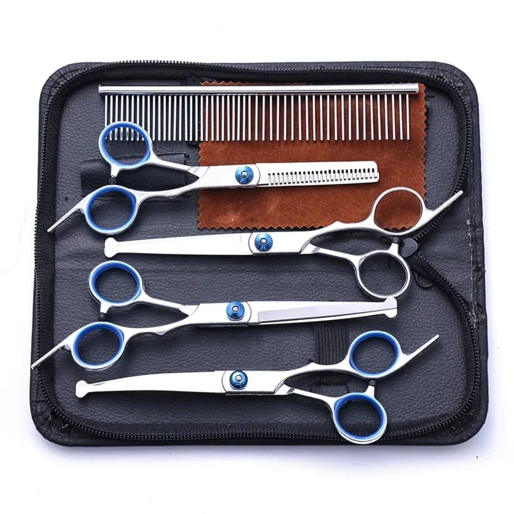 Kit de Tijeras de Peluquería Canina y Felina 5 en 1 – Juego de Tijeras de Acero Inoxidable con Punta Redonda de Seguridad para Perros y Gatos
