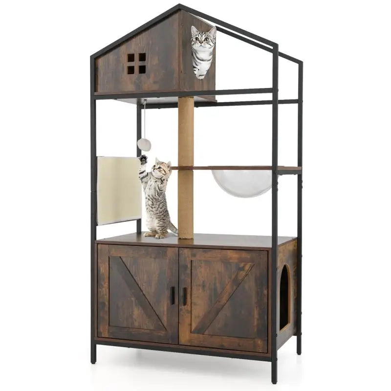 Árbol Rascador con Mueble Arenero Oculto para Gatos - Torre de Actividades Multinivel Estilo Industrial con Casa y Nido en Marrón Rústico