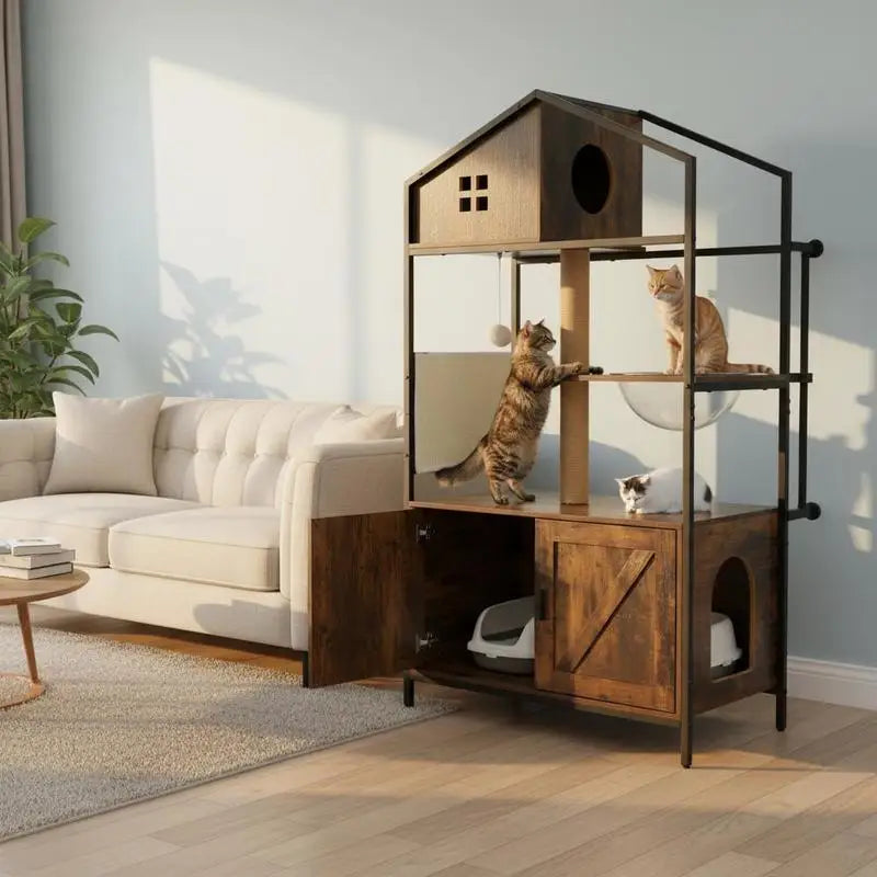 Árbol Rascador con Mueble Arenero Oculto para Gatos - Torre de Actividades Multinivel Estilo Industrial con Casa y Nido en Marrón Rústico