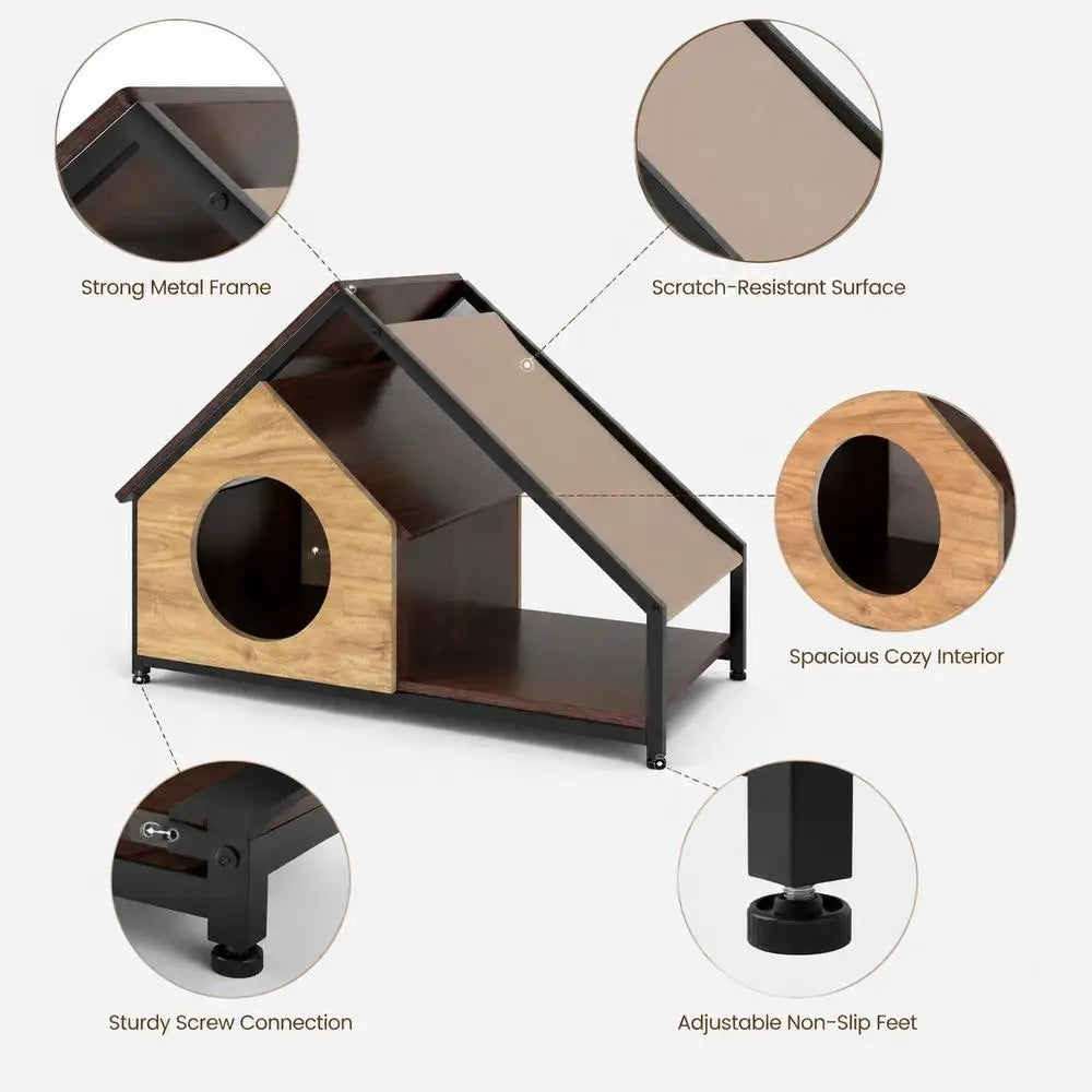 Caseta de Interior para Gatos 84x43x58.5 cm con Porche y Percha - Estructura de Metal, Techo de PVC Desmontable y Acabado en Madera para Salón