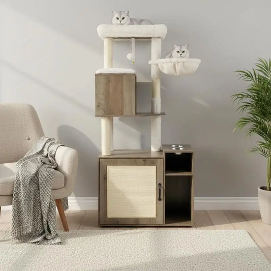 Mueble Arenero Cerrado para Gatos con Torre de Escalada, Rascador de Sisal, Estera y Pelota Colgante - Centro de Actividades y Baño Discreto (Color Gris)