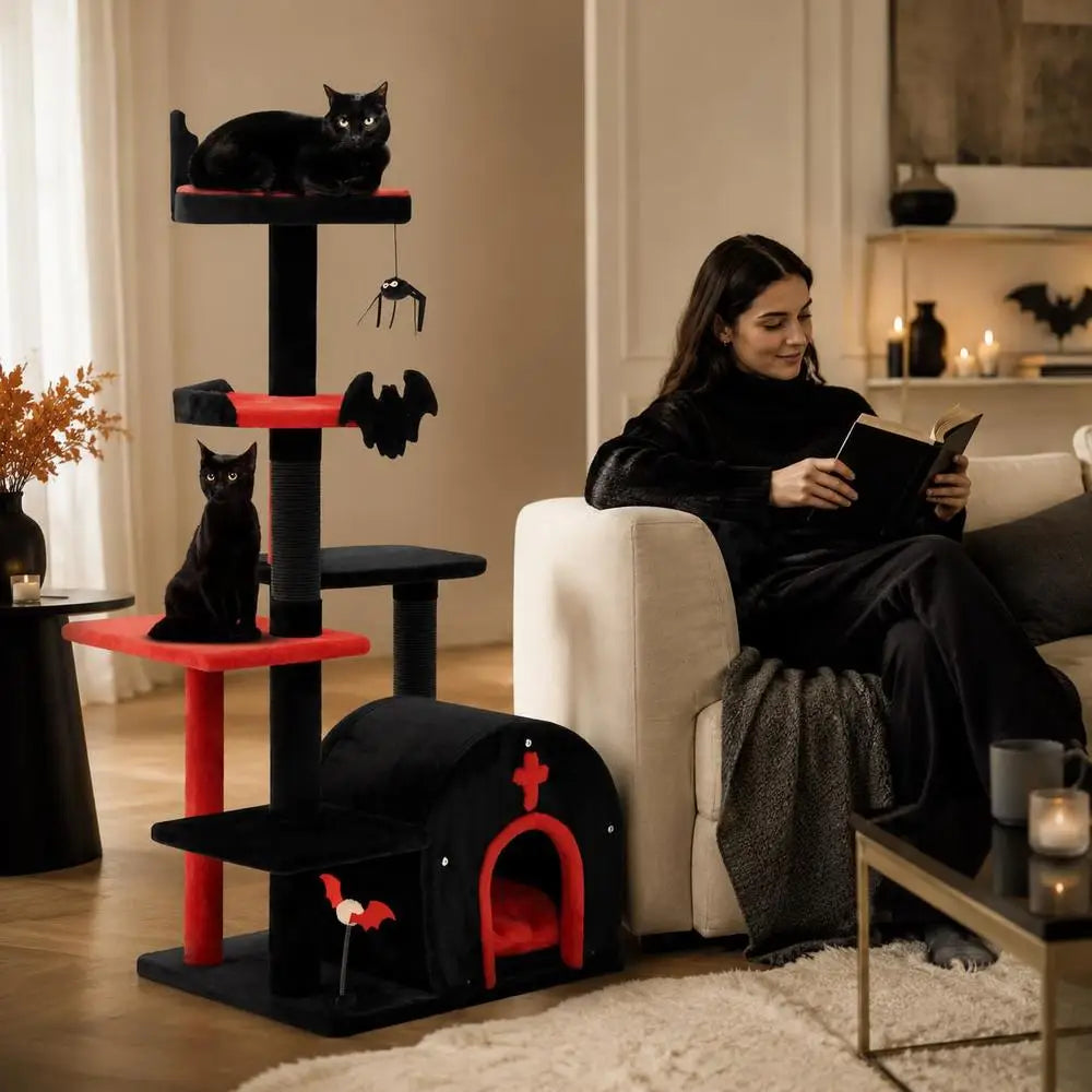 Árbol Rascador Gótico para Gatos de 135x60x45 cm - Torre de Actividades con Tejido de Felpa, Mirador, Cueva Escondite y Poste Rascador