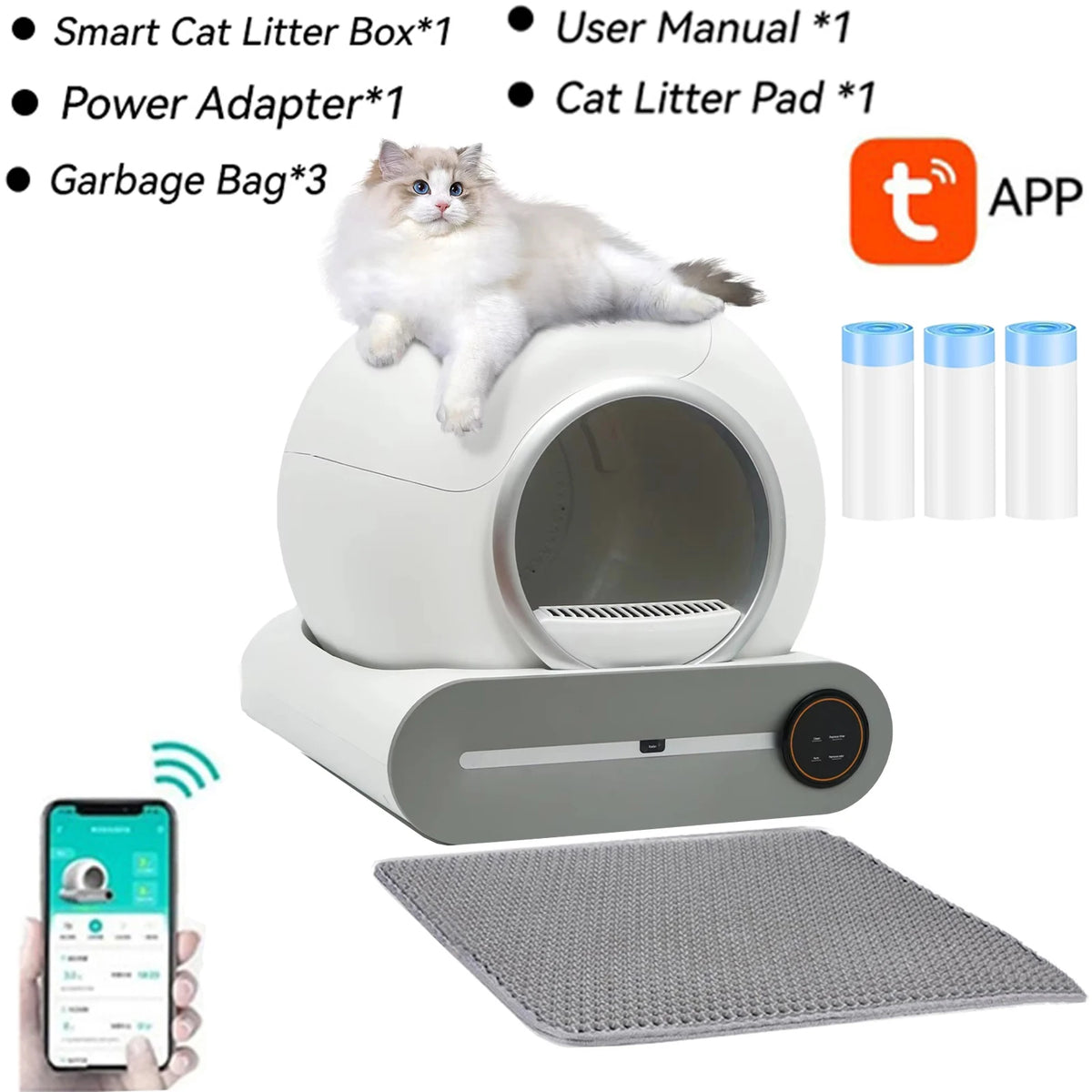 Arenero Automático Inteligente Autolimpiable de 65 Litros - Baño Cerrado para Gatos con Control por App Móvil, Estera y Bolsas Desechables