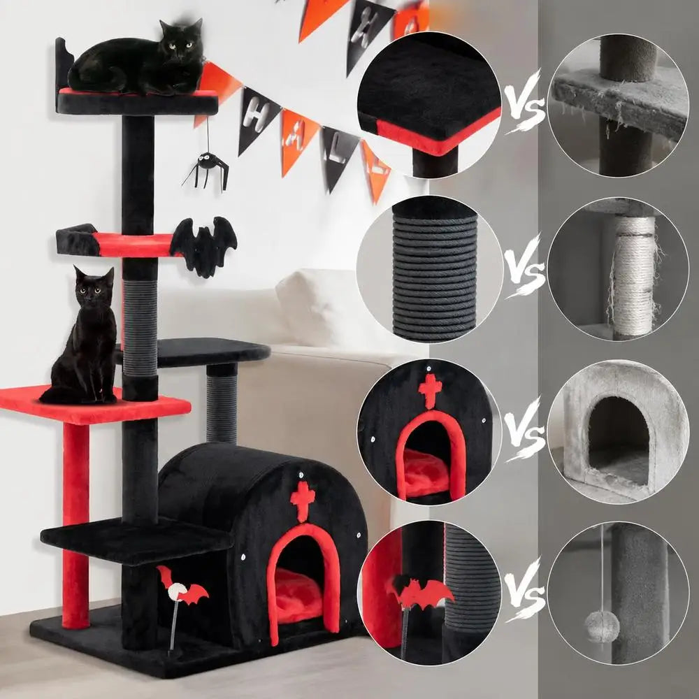 Árbol Rascador Gótico para Gatos de 135x60x45 cm - Torre de Actividades con Tejido de Felpa, Mirador, Cueva Escondite y Poste Rascador