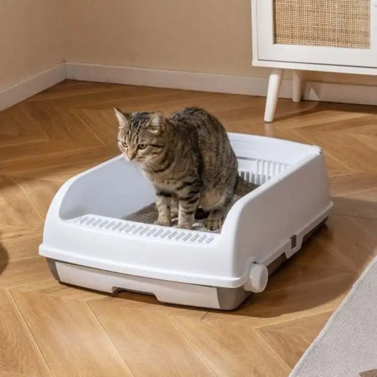Arenero Semi-Automático para Gatos con Tapa Abierta y Bandeja Deslizante - Baño Higiénico Antisalpicaduras con Pala Incluida (Color Blanco)