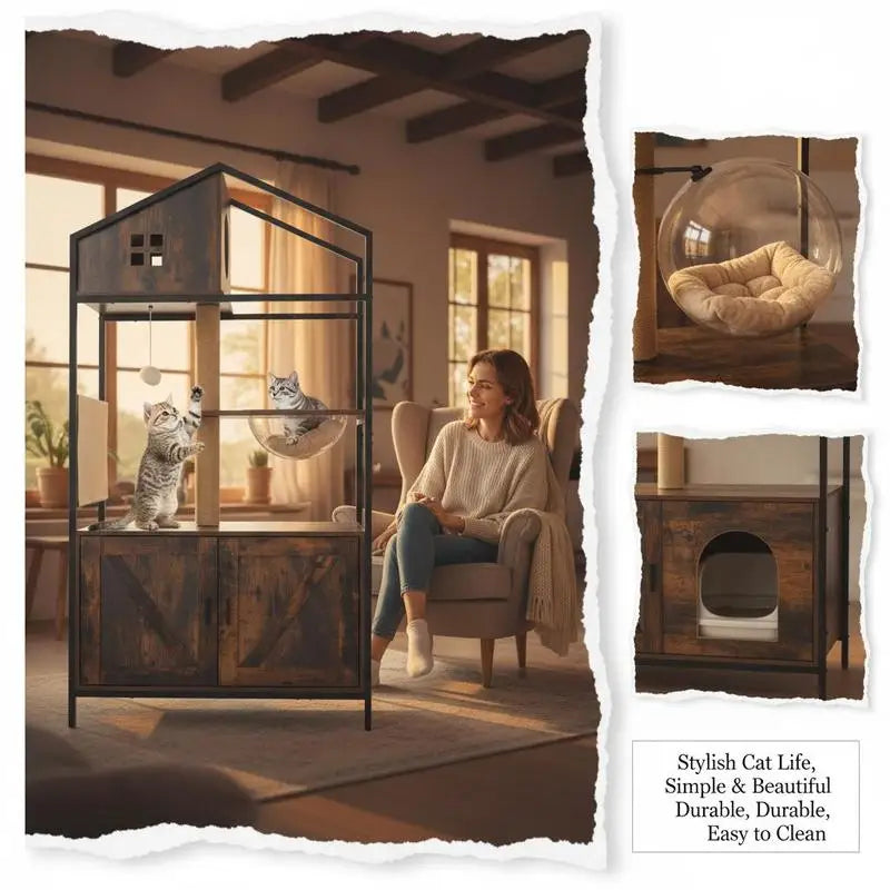 Árbol Rascador con Mueble Arenero Oculto para Gatos - Torre de Actividades Multinivel Estilo Industrial con Casa y Nido en Marrón Rústico