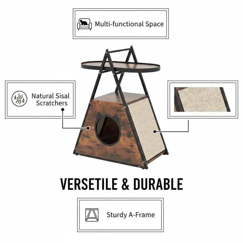 Mueble 2 en 1 para Gatos con Cueva Oculta y Mesita Auxiliar - Estantes Abiertos, Postes de Sisal y Estructura Metálica Robusta (Salón y Dormitorio)