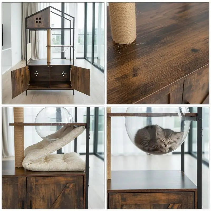 Árbol Rascador con Mueble Arenero Oculto para Gatos - Torre de Actividades Multinivel Estilo Industrial con Casa y Nido en Marrón Rústico
