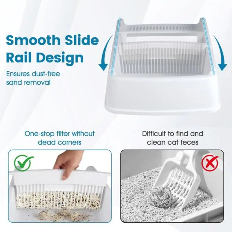 Arenero Semi-Automático para Gatos con Tapa Abierta y Bandeja Deslizante - Baño Higiénico Antisalpicaduras con Pala Incluida (Color Blanco)
