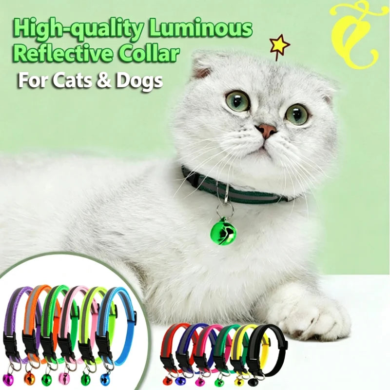 Collar de Seguridad Reflectante Antiahogamiento para Gatos y Cachorros - Collar Ajustable con Hebilla de Zafra, Cascabel Colorido