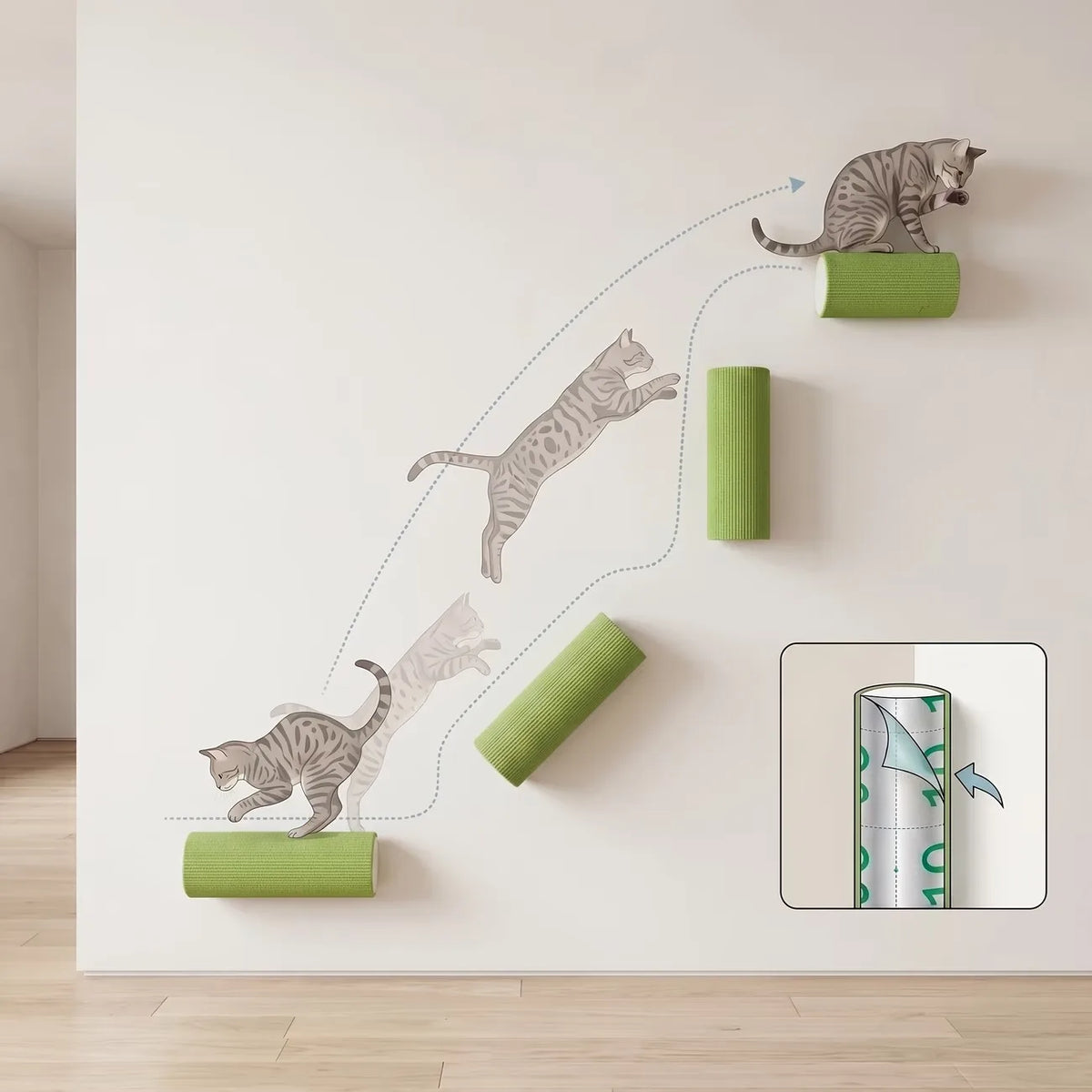 Rascador Autoadhesivo de Pared para Gatos - Panel Vertical Anticaída con Adhesivo Protector y Juguete Interactivo para Superficies