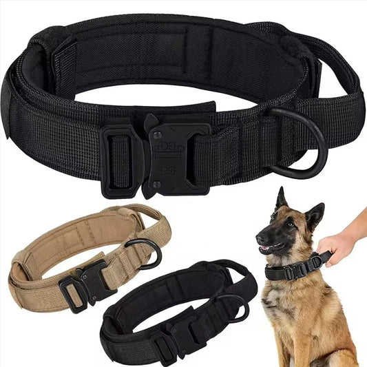 Collar Táctico Militar Ajustable para Perros - Nylon Resistente de Alta Densidad con Asa de Control y Hebilla Metálica Reforzada para Perros Medianos y Grandes
