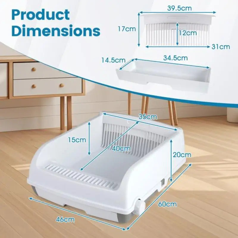 Arenero Semi-Automático para Gatos con Tapa Abierta y Bandeja Deslizante - Baño Higiénico Antisalpicaduras con Pala Incluida (Color Blanco)