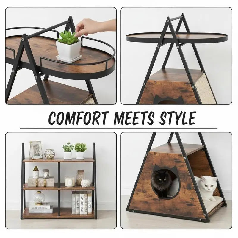 Mueble 2 en 1 para Gatos con Cueva Oculta y Mesita Auxiliar - Estantes Abiertos, Postes de Sisal y Estructura Metálica Robusta (Salón y Dormitorio)