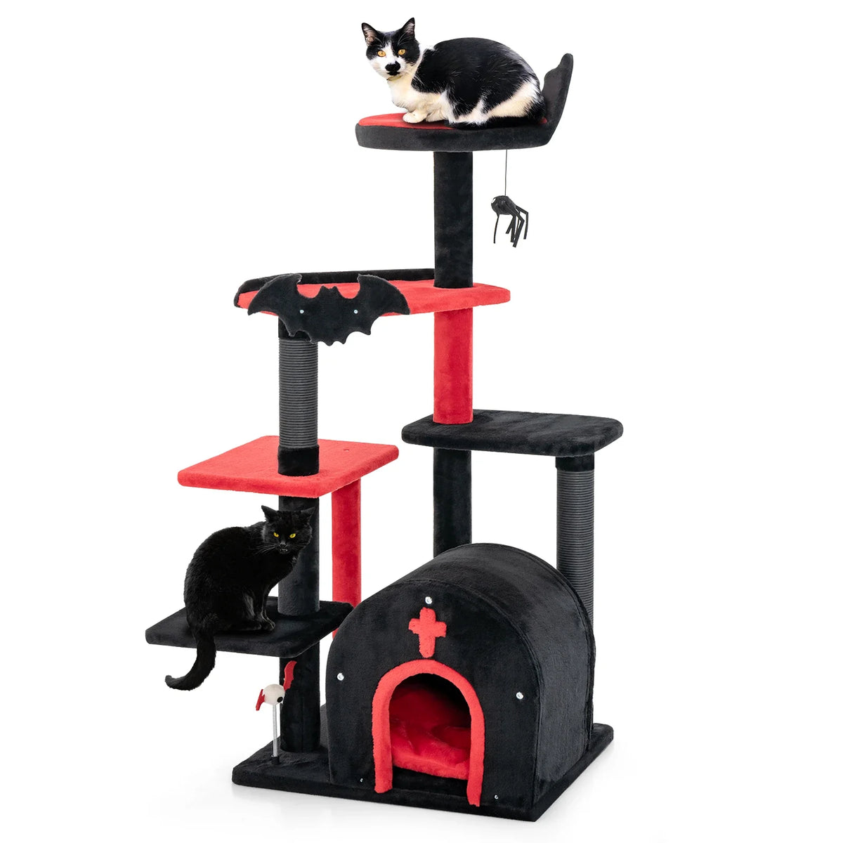 Árbol Rascador Gótico para Gatos de 135x60x45 cm - Torre de Actividades con Tejido de Felpa, Mirador, Cueva Escondite y Poste Rascador